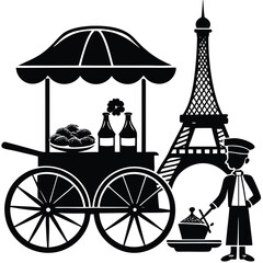 Food Cart Vendor Serving Pastries Near Eiffel Tower in Paris, France - Vintage Illustration Scene