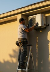 Man, an HVAC technician, installing an outdoor air conditioner unit on a residential house wall while standing on a ladder. Home cooling maintenance and installation service concept.