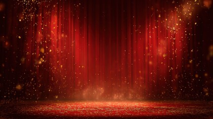 premium image of red stage and curtain in theater background with bright lights and falling gold confetti.