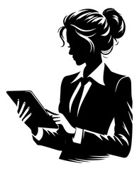 A black and white silhouette of a female office worker in a jacket who uses a tablet to work on a white isolated background. Vector graphics. EPS.