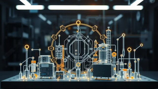 Futuristic Industrial Micro-Factory Model with Digital Interface and Glowing Circuitry in a High-Tech Laboratory Setting