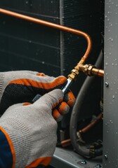 Man’s hands adjusting copper pipe and fitting on an air conditioner outdoor unit. HVAC system installation and maintenance for cooling.