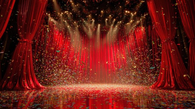 Premium image of red curtains, stage lights, confetti, awards ceremony. - Powered by Adobe