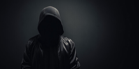 A silhouette of a person in a hood, shrouded in mystery and shadow against a dark backdrop. The absence of facial features adds to the enigmatic aura