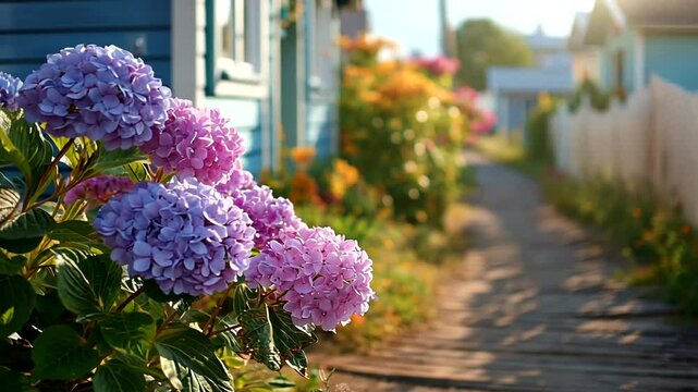 Blooming Hydrangeas Framing a Charming Garden Pathway