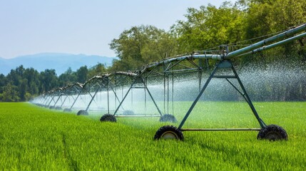 Irrigation system spraying water over vibrant green crops in a rural agricultural field