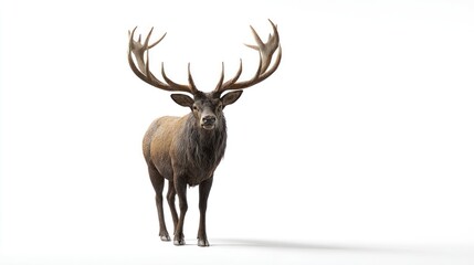 A stag in profile, standing on a white background