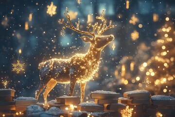 A reindeer lit by soft golden light surrounded by enchanted floating books