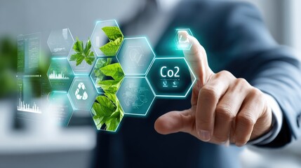 Businessman Touching Eco Technology Interface With CO2 and Recycling Icons