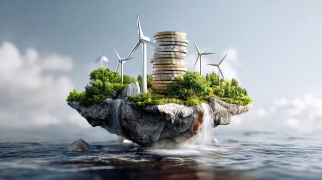 Floating Island with Wind Turbines and Stack of Coins