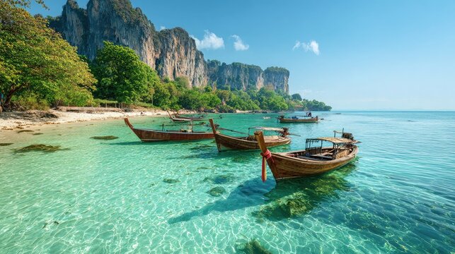 Longtail boats floating near a sandy beach with emerald sea and mountain views in Thailand - Powered by Adobe