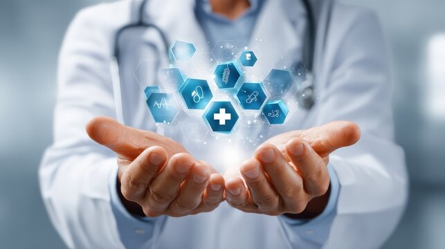 Medical Professional Presenting Digital Health Icons with Open Hands