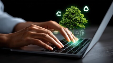 Laptop Emitting Sustainable Icons and Tree Hologram