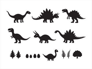Black silhouette vector collection of prehistoric dinosaurs and related graphic design elements