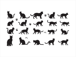 Collection of black cat silhouettes with paw prints suitable for designs and decorations