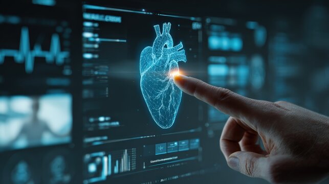 Finger Touching Digital Human Heart On Futuristic Medical Interface
