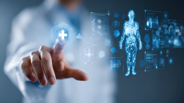 Doctor Interacting With Digital Health Interface And Medical Icons - Powered by Adobe