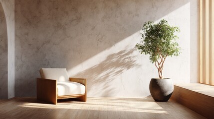 Sunlit Minimalist Living Room With Armchair and Indoor Plant