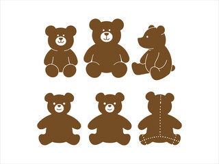 Cute brown teddy bear silhouettes in various poses on a clean white background.