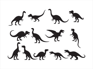 Collection of various dinosaur silhouettes in black isolated on a white background for design