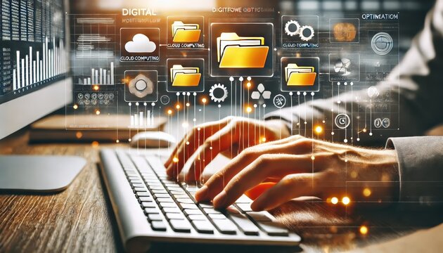 Businessman Typing on Keyboard with Digital Folder Icons in Virtual Interface