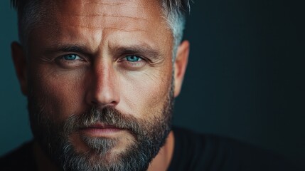 Fototapeta premium An intense close-up of a mature man with striking blue eyes and a rugged beard, showcasing deep emotion and character in a moody dark setting that highlights his features.