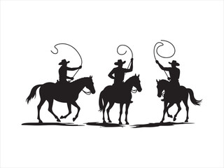 Silhouette illustration of three cowboys riding horses with ropes on a white background