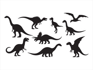 Silhouetted collection of various prehistoric dinosaurs on a white background for decorative use