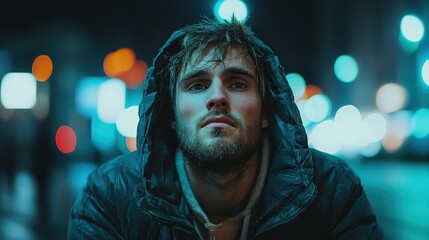 A thoughtful young man in a dark hoodie gazes into the distance as urban lights illuminate the background, creating a striking contrast of emotions and colors at night.
