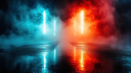 A captivating misty environment illuminated by vibrant beams of blue and red lights, creating a dramatic and surreal atmosphere in an abstract conceptual setting.