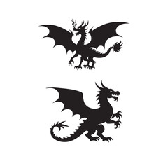 Two black silhouette dragon illustrations against a white background for graphic design and fantasy
