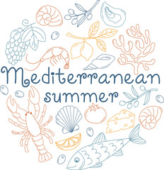 Mediterranean summer round banner in doodle style. Concept with olives, lobster, shell, coral, lemon, tomato, sardine, cheese