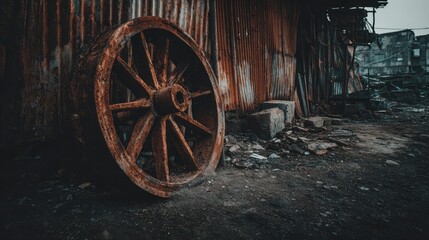 Obraz premium Old tractor wheel covered in dust and rust leaning against a metal shed