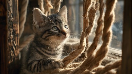 Fototapeta premium Adorable Tabby Kitten Sitting by Window with Soft Light for Pet Photography, Cute Animals, and Lifestyle Inspiration – Generative AI 
