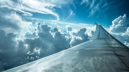 Airplane wing in sky with clouds - First Person View