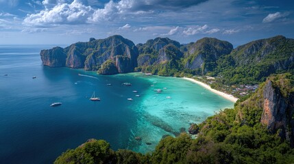 Fototapeta premium Secluded bay in Thailand with anchored boats and towering green cliffs framing the coast