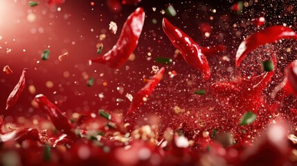 This action-packed image captures the dynamic dispersal of red chilies, emphasizing motion, spice, and the vibrant essence of culinary excitement and flavor exploration.