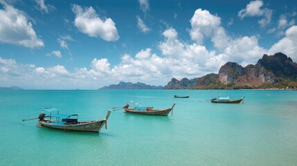 Obraz premium Serene Thai seascape with boats at anchor and shadowy mountains rising behind