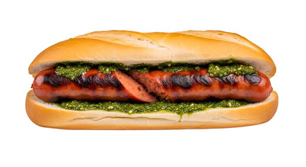 An Iconic Argentine Street Food Choripán Sandwich with Grilled Chorizo and Chimichurri on isolated transparent background