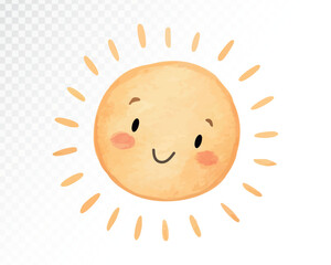 Watercolor Smiling Sun for Bright Weather Themes in Cheerful Colors for Nursery Decor and Kids Art. Vector illustration