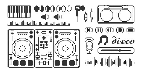 Set of pixel icons of media player buttons, microphone, music note, equalizer sound volume, sound wave. 8 bit abstract music elements. Game abstract shapes in pixel art.	