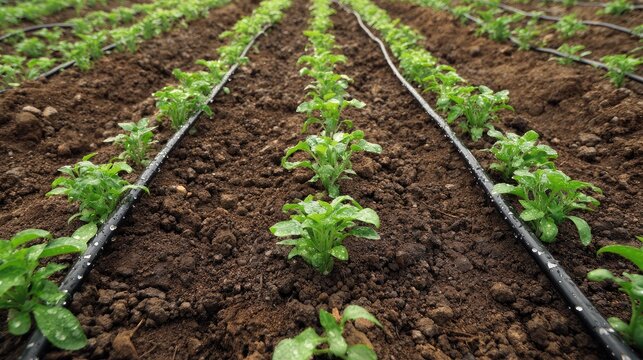 Tilled field with neat rows of seedlings and drip irrigation system running between