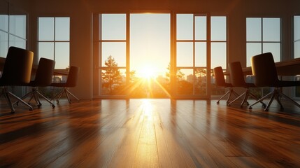 Fototapeta premium A stunning sunrise viewed through large office windows, illuminating the space with warm light and providing a sense of new beginnings and inspiration for the day.