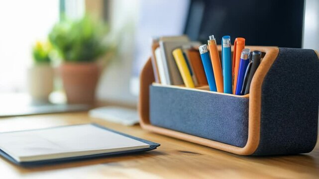 Office desk with pens, notebook, and computer in a workspace.