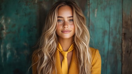 Fototapeta premium A fashionable young woman with long blonde hair wearing a vibrant yellow outfit, exuding confidence and charm in a rustic setting, showcasing modern beauty and style.