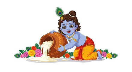 Obraz premium Adorable Little Krishna Pouring Milk A Charming Illustration
