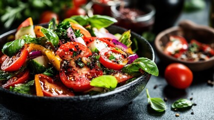 A delicious, colorful salad filled with vibrant vegetables, herbs, and fresh ingredients makes for a healthy, appetizing dish, pleasing to both the eye and the palate.