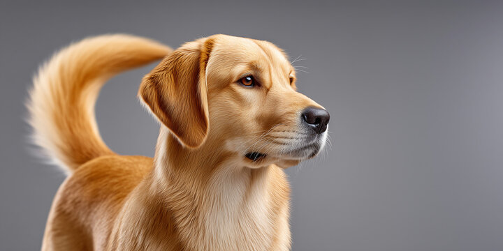 A portrait of a golden retriever dog looking toward the right
