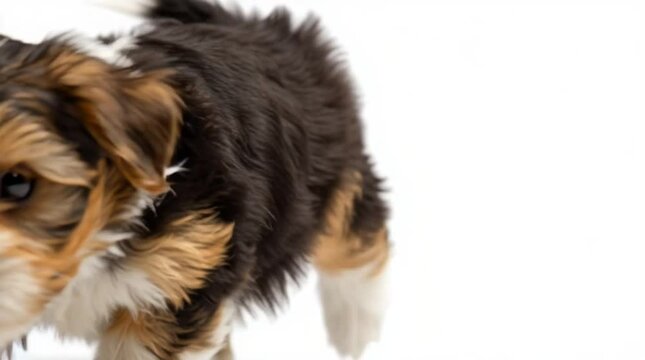 Small mixed breed puppy running energetically across pristine white studio background, showcasing playful movement and youthful canine spirit