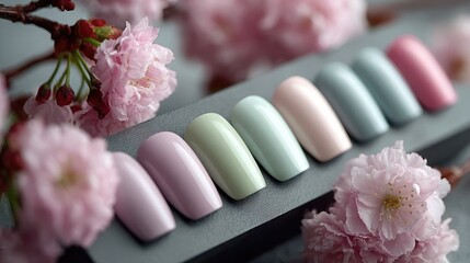 Cute nail salon background with pastel gel polish lineup and floral decor